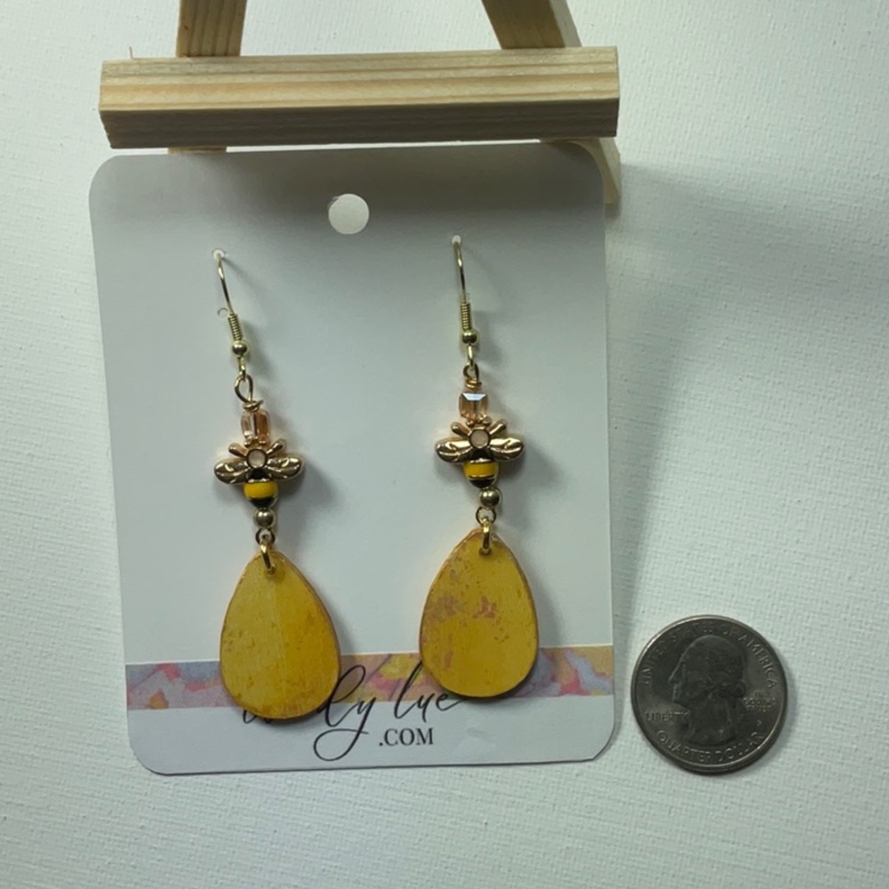 Golden Dangle Teardrop Statement Earrings with Bee Charm - Picture 6 of 9